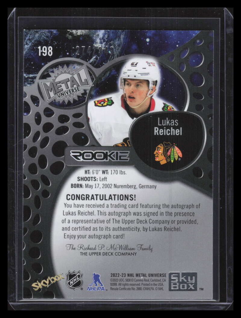 2022-23 Metal Universe Silver FX 198 Lukas Reichel Rookie Auto 274/349