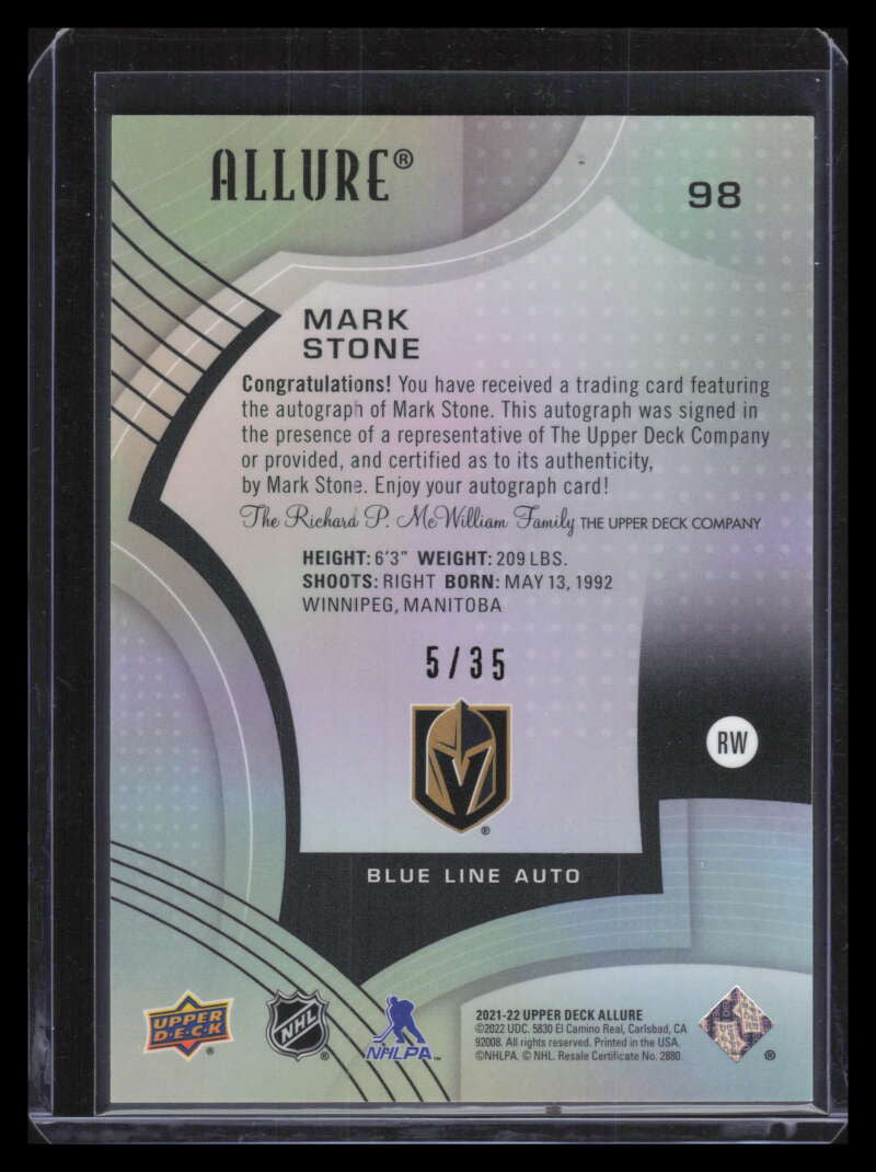2021-22 Upper Deck Allure Autographs Blue Line 98 Mark Stone Auto 5/35