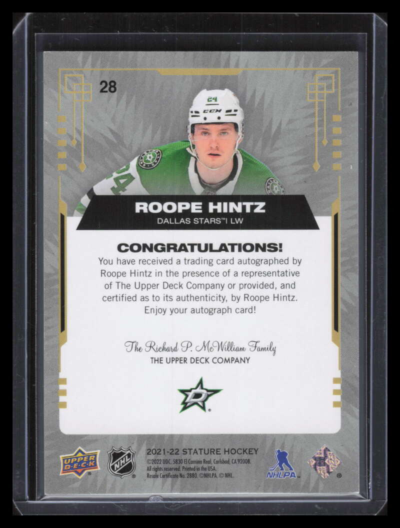 DELETE 138665 2021-22 Upper Deck Stature Autographs 28 Roope Hintz Auto