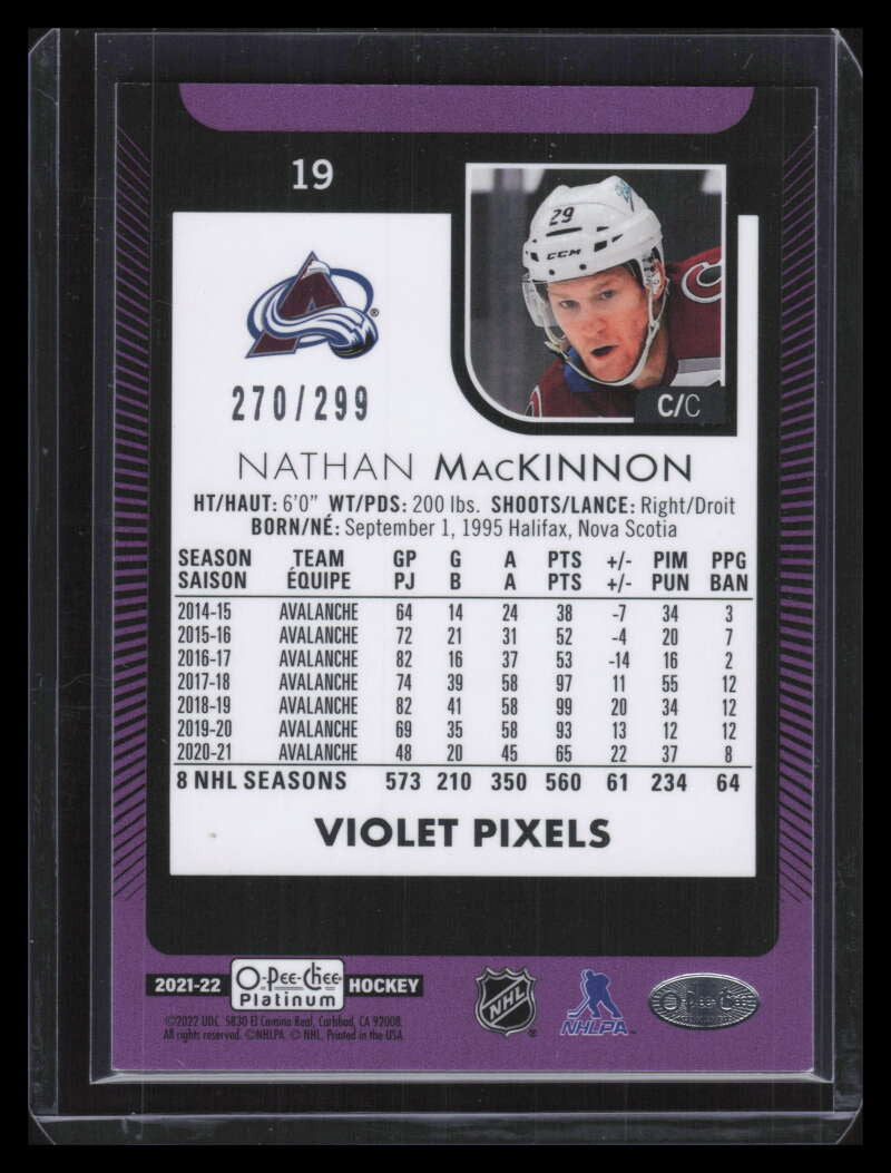 2021-22 O-Pee-Chee Platinum Violet Pixels 19 Nathan MacKinnon 270/299