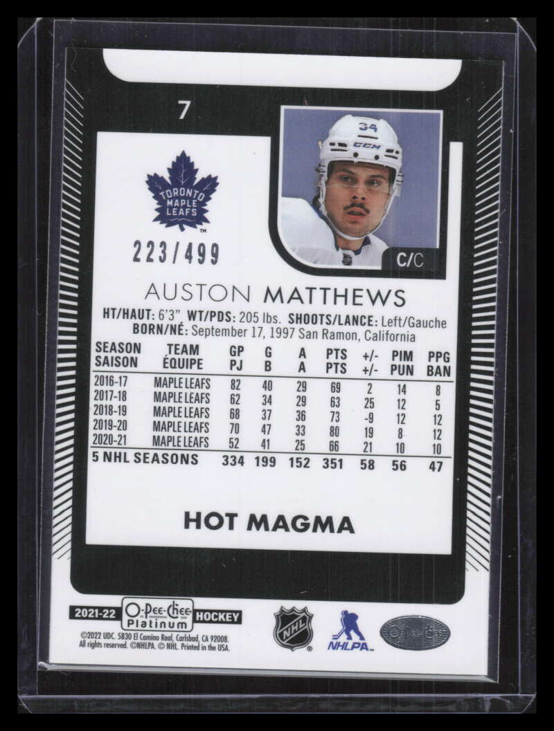 2021-22 O-Pee-Chee Platinum Hot Magma 7 Auston Matthews 223/499