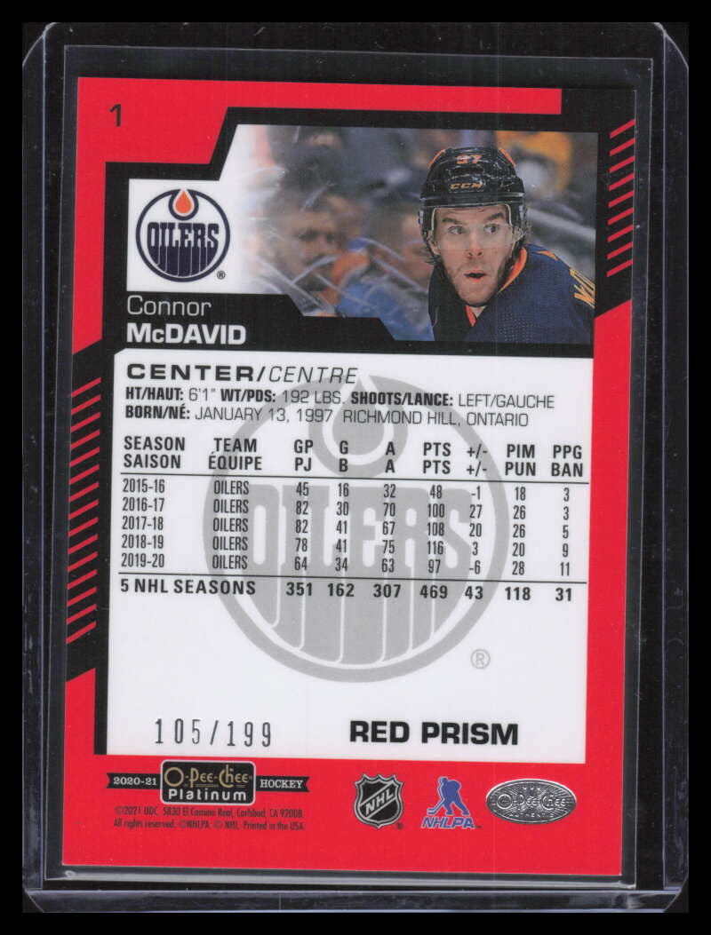 2020-21 O-Pee-Chee Platinum Red Prism 1 Connor McDavid 105/199