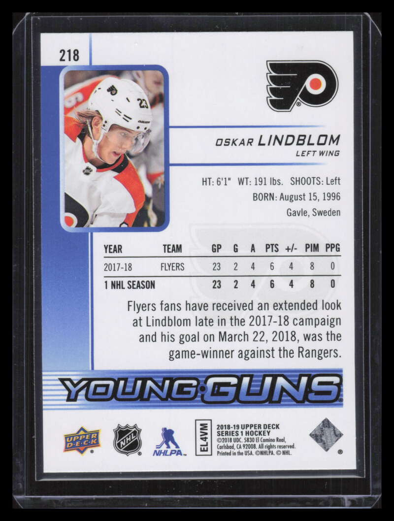 2018-19 Upper Deck Speckled Rainbow Foil 218 Oskar Lindblom Rookie YG Young Guns