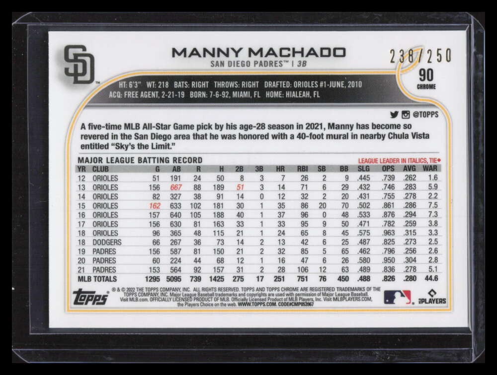 2022 Topps Chrome Purple Refractor 90 Manny Machado 238/250