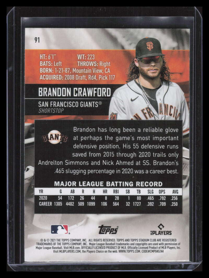 2021 Stadium Club Black and White Orange Foil 91 Brandon Crawford