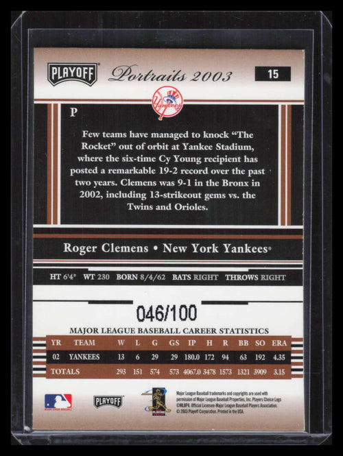 2003 Playoff Portraits Bronze 15 Roger Clemens Yanks 46/100 Yankees