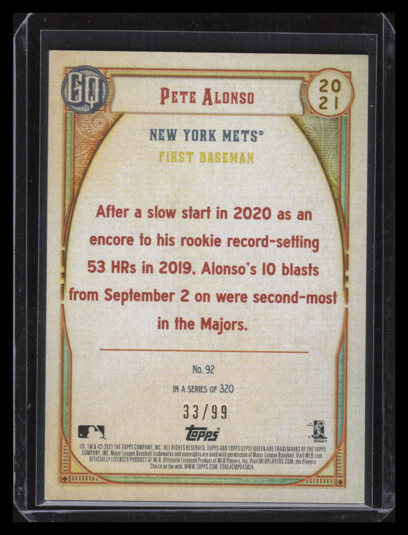 2021 Topps Gypsy Queen Chrome Box Toppers Blue Refractor 92 Pete Alonso 33/99