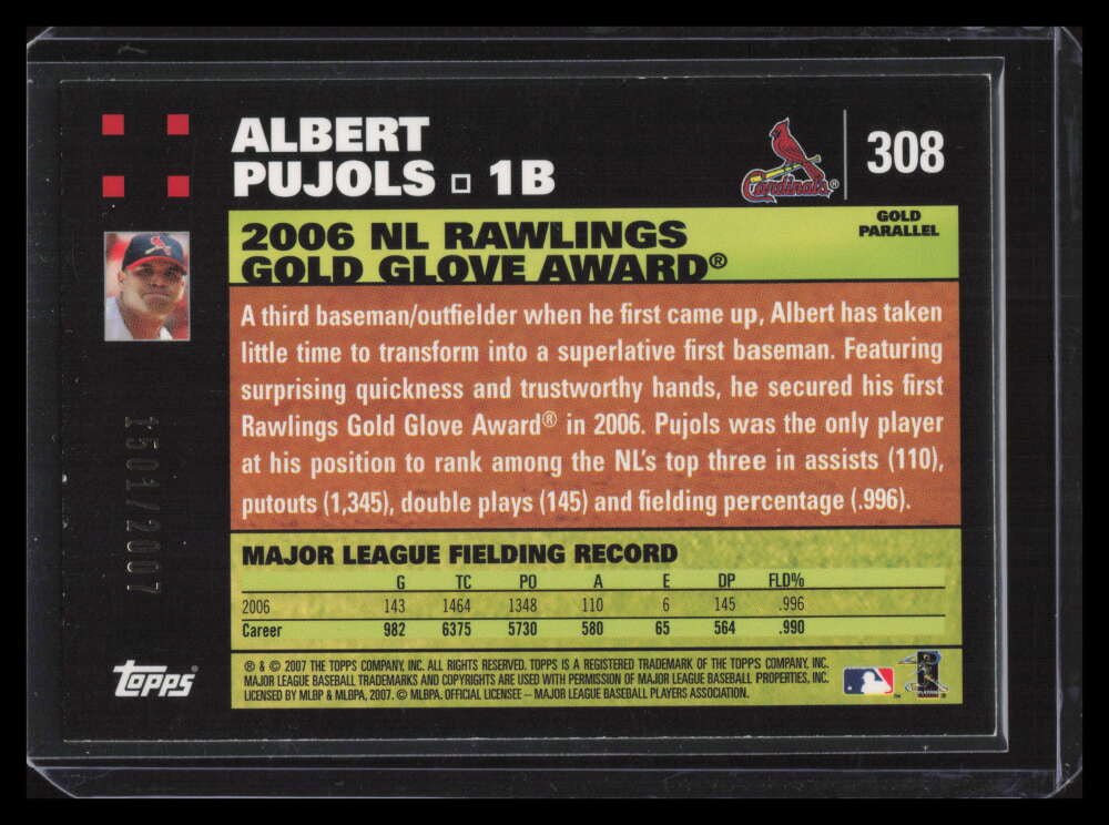 2007 Topps Gold 308 Albert Pujols GG 1501/2007 Gold Glove Award