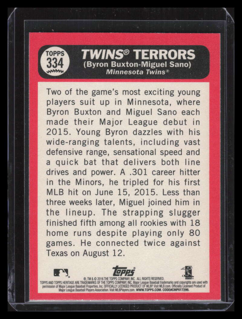 SOLD 139214 2016 Topps Heritage Red Back 334 Twins Terrors Miguel Sano Byron Buxton