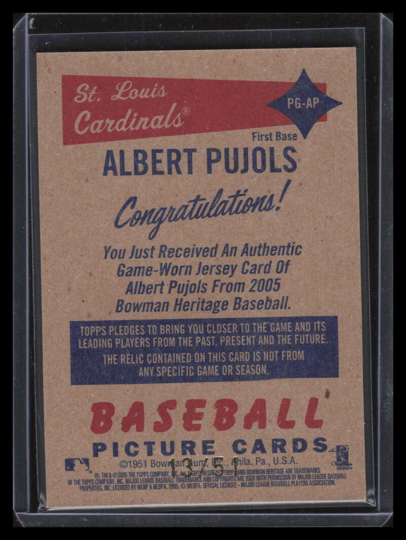 2005 Bowman Heritage Pieces of Greatness Rainbow AP Albert Pujols Jersey 13/51