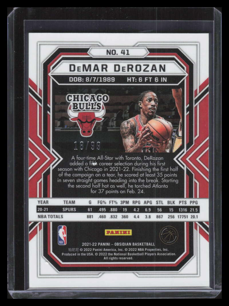 2021-22 Panini Obsidian Electric Etch Purple 41 DeMar DeRozan 18/99