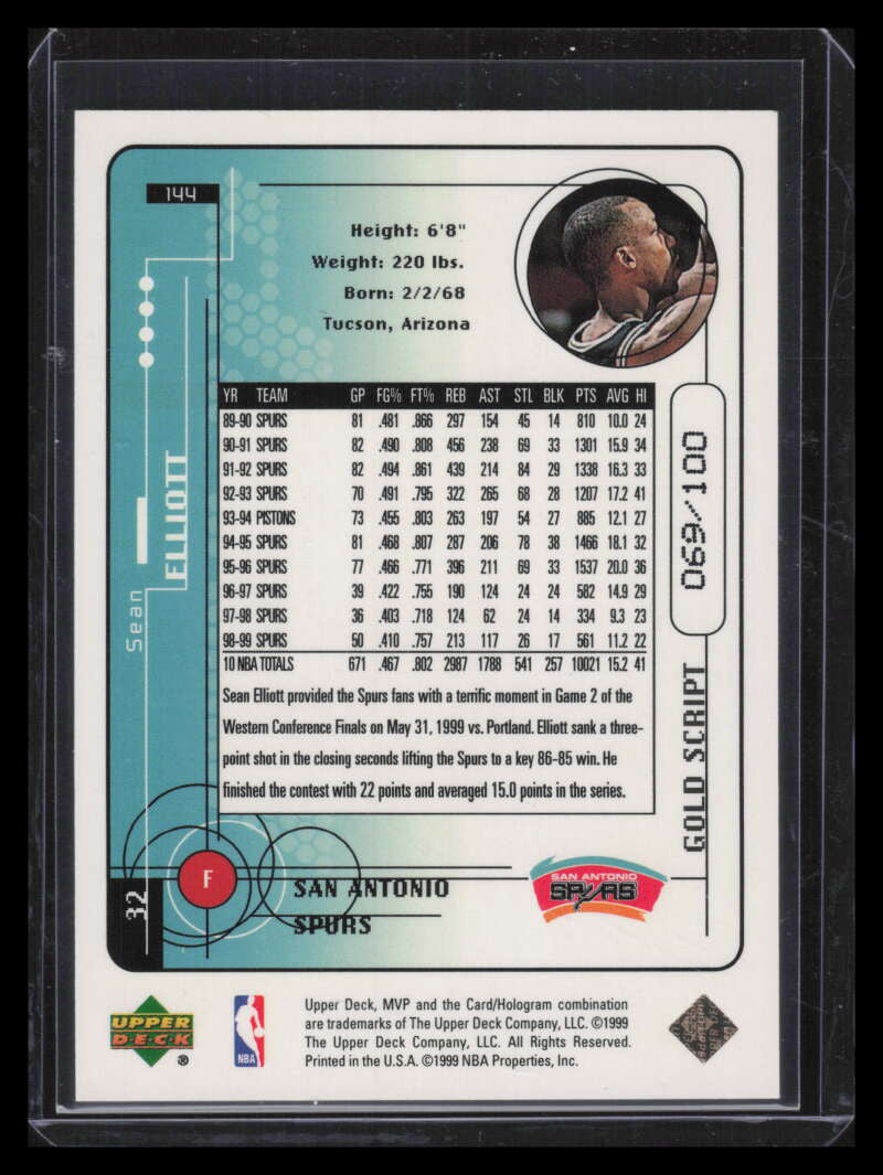 1999-00 Upper Deck MVP Gold Script 144 Sean Elliott 69/100