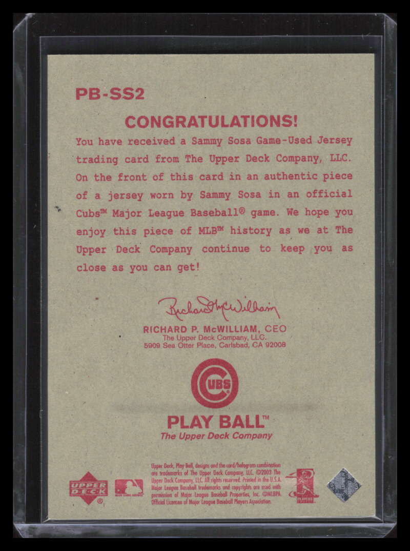 2003 Upper Deck Play Ball Game Memorabilia Tier 2 ss2 Sammy Sosa Jersey 49/150