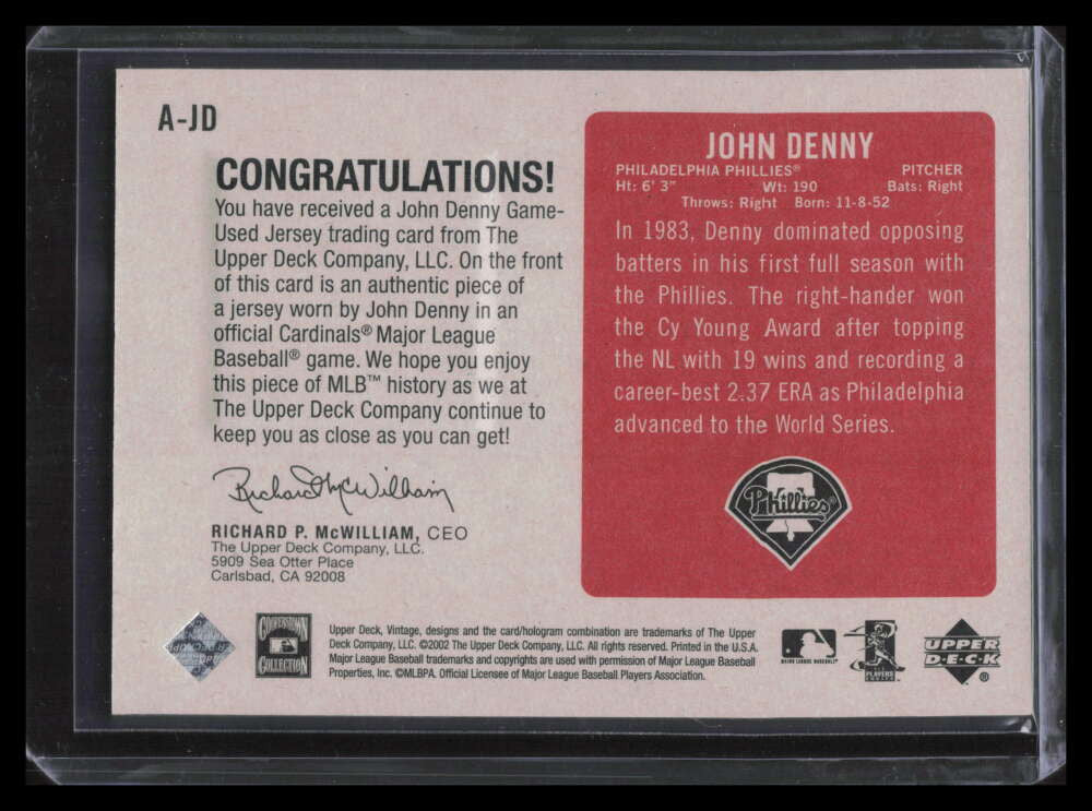 2002 Upper Deck Vintage Aces Game Jersey AJD John Denny Jersey