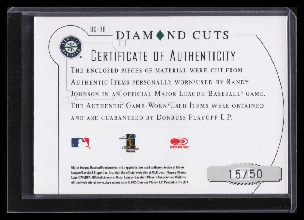 2005 Diamond Kings Diamond Cuts Combos dc38 Randy Johnson Dual Bat Jersey 15/50