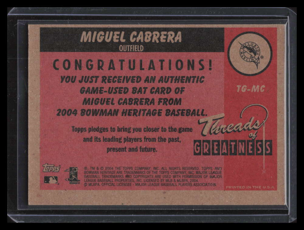 2004 Bowman Heritage Threads of Greatness MC Miguel Cabrera Bat