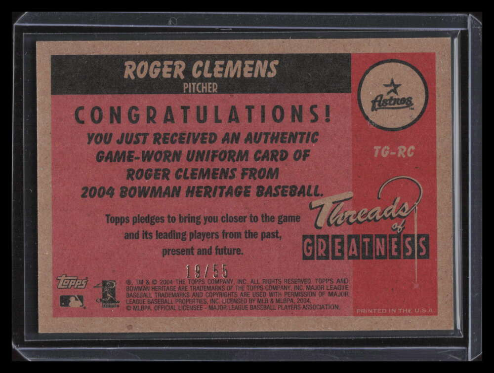 2004 Bowman Heritage Threads of Greatness Gold RC Roger Clemens Jersey 19/55