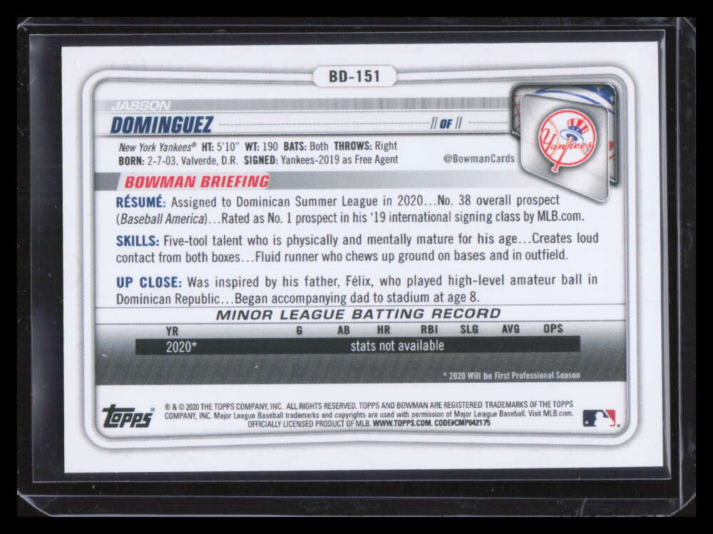 2020 Bowman Draft Sky Blue bd151 Jasson Dominguez Rookie 198/499