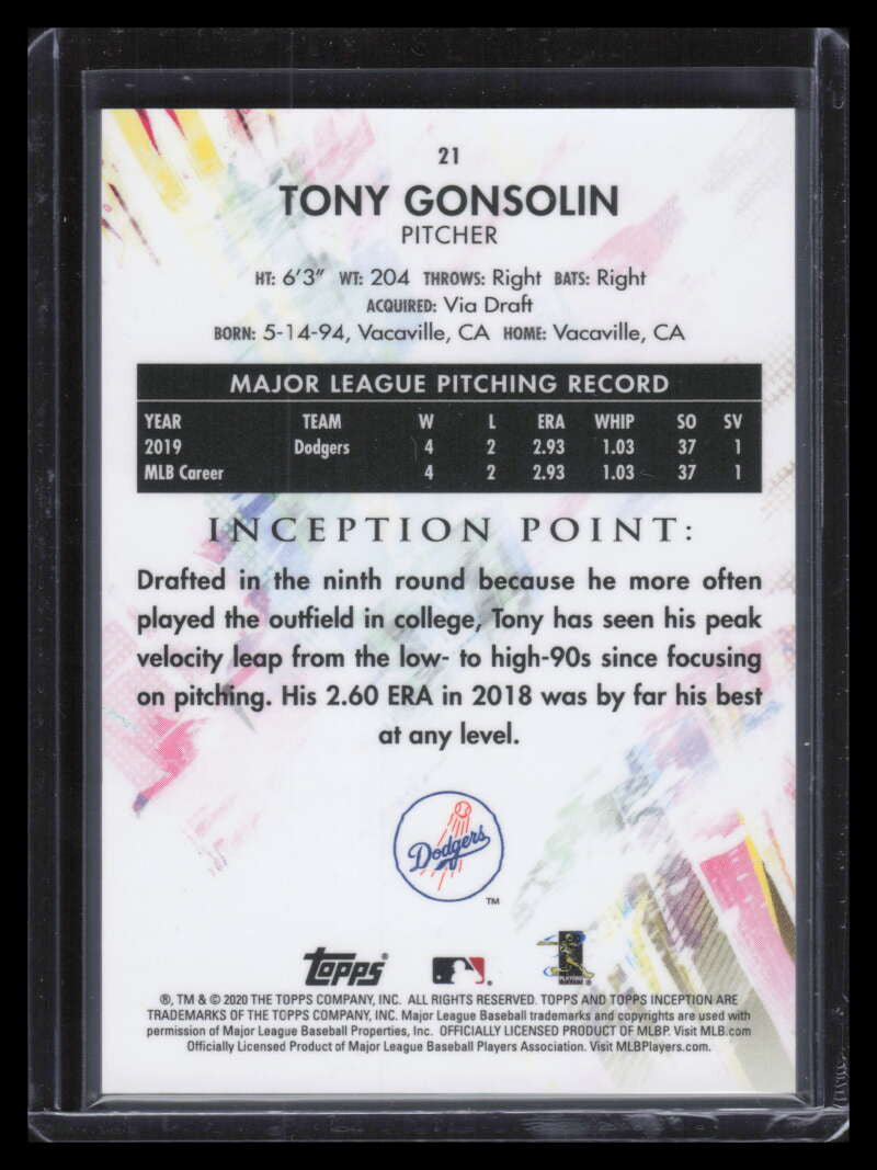 2020 Topps Inception Blue 21 Tony Gonsolin Rookie 10/25