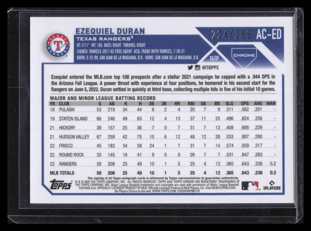 SOLD 139615 2023 Topps Chrome Autographs Purple Refractor Ezequiel Duran Rookie Auto 224/299