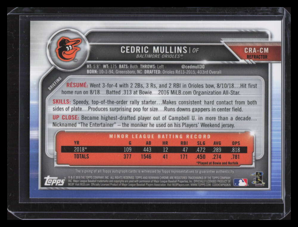 2019 Bowman Chrome Autograhs Refractor CRACM Cedric Mullins Rookie Auto 171/499