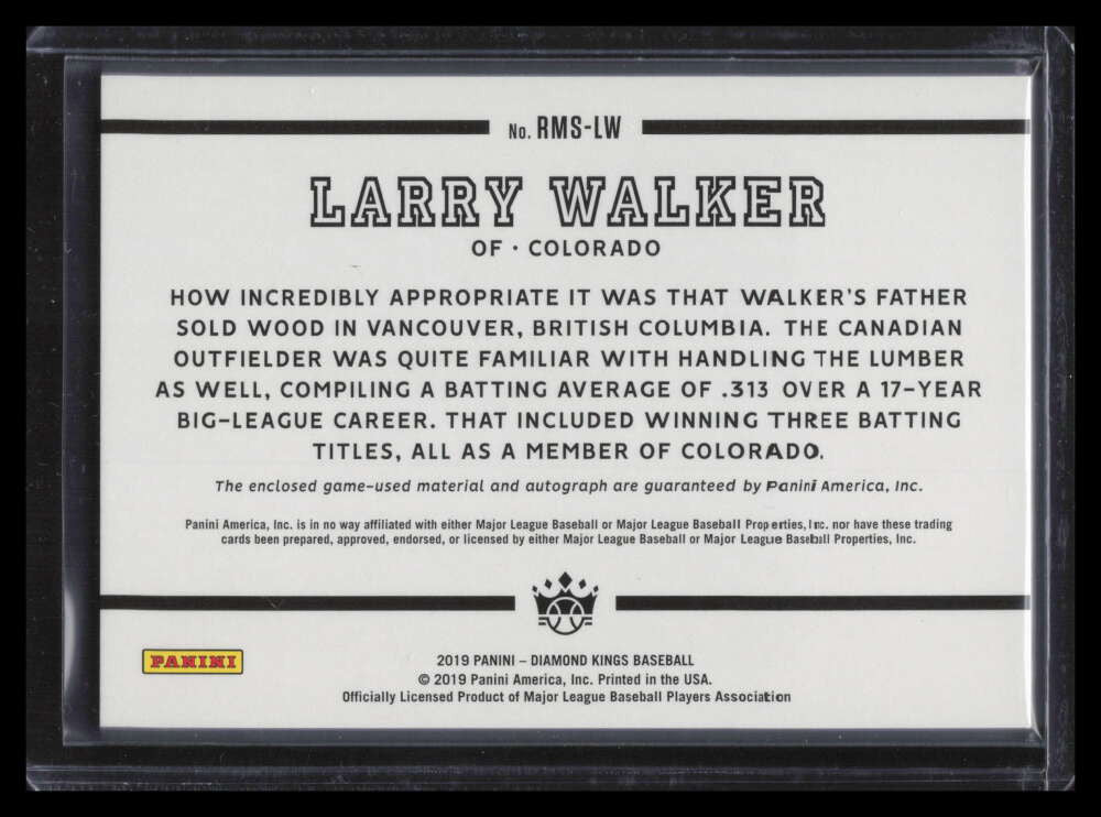 2019 Diamond Kings Retro 83 Material Signatures 11 Larry Walker Dual Jersey Auto