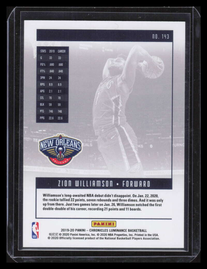 2019-20 Panini Chronicles Blue 143 Zion Williamson Luminance Rookie 59/99