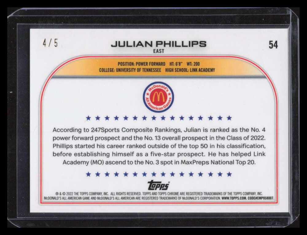 2022 Topps Chrome McDonald's All American Red Refractor Julian Phillips RC 4/5