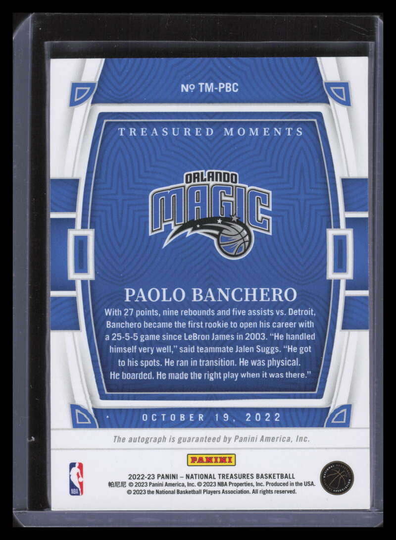 2022-23 National Treasures Treasured Moments 9 Paolo Banchero Rookie Auto 9/10