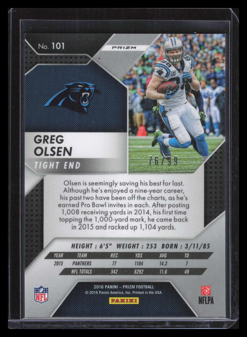 2016 Panini Prizm Prizms Purple Scope Refractor 101 Greg Olsen 76/99