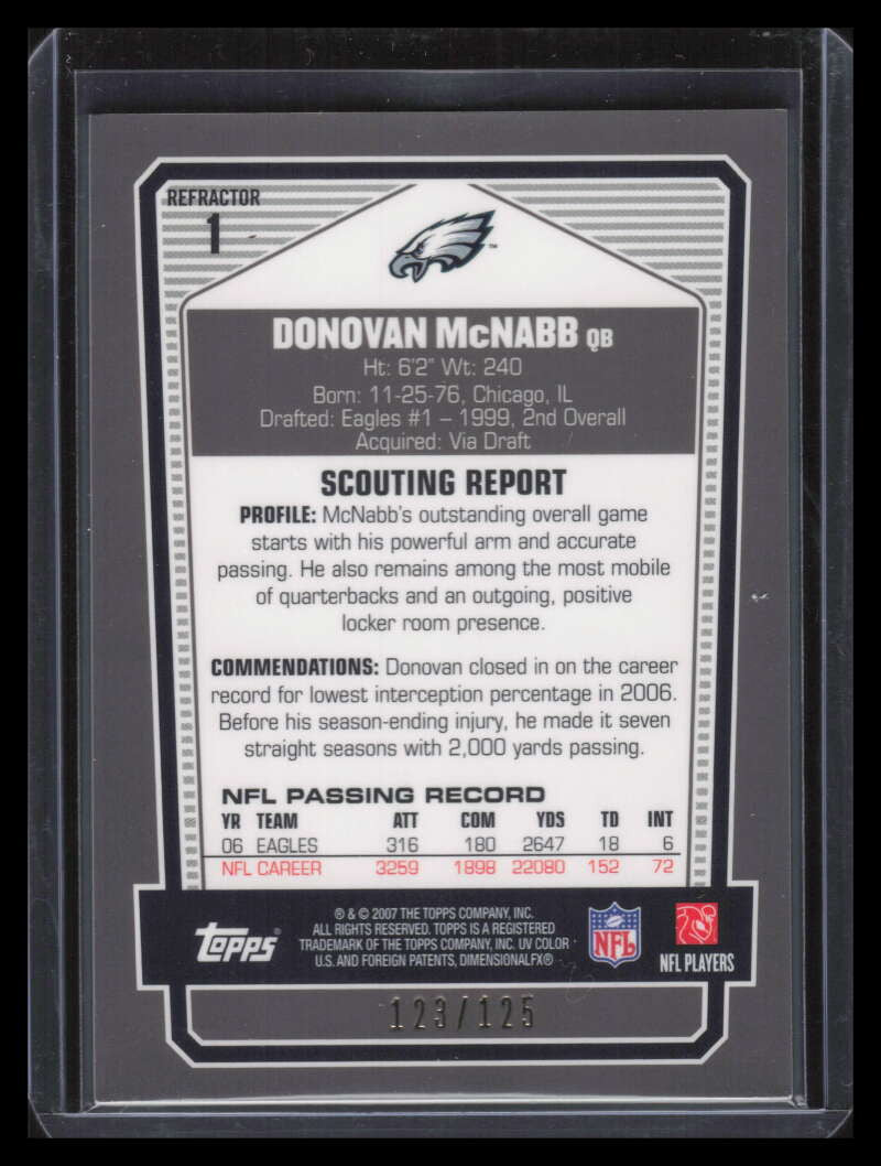 2007 Topps Draft Picks Prospects Chrome Silver Refractor Donovan McNabb 123/125