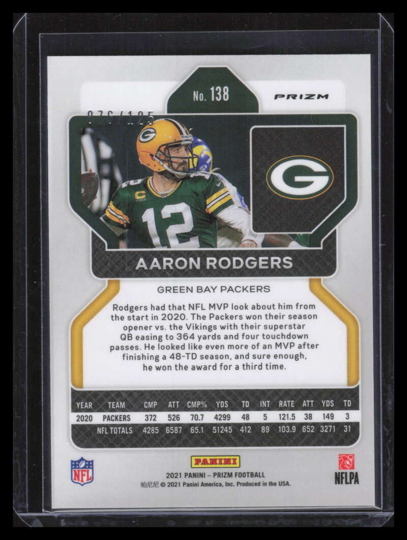 2021 Panini Prizm Prizms Purple Refractor 138 Aaron Rodgers 76/125