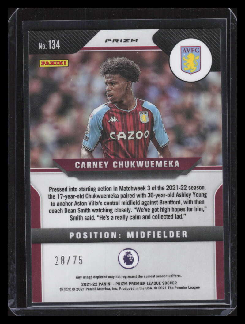 2021-22 Panini Prizm EPL Prizms Blue Ice 134 Carney Chukwuemeka Rookie 28/75