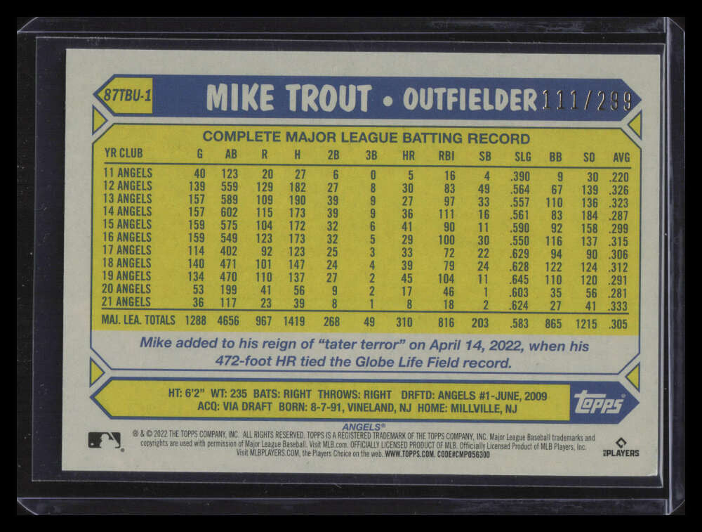 2022 Topps Update '87 Topps Black 87tbu1 Mike Trout 111/299
