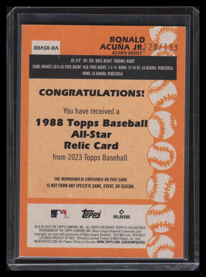 2023 Topps '88 Topps All Star Relics Black 88asrra Ronald Acuna Jr. Bat 128/199