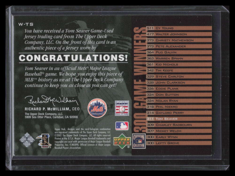2002 UD Piece of History 300 Game Winners Jersey WTS Tom Seaver Jersey SP
