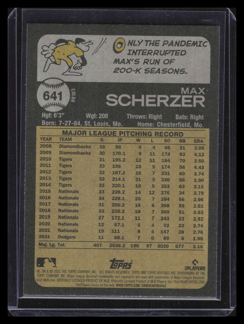 2022 Topps Heritage Team Color Swap Variations 641 Max Scherzer SP
