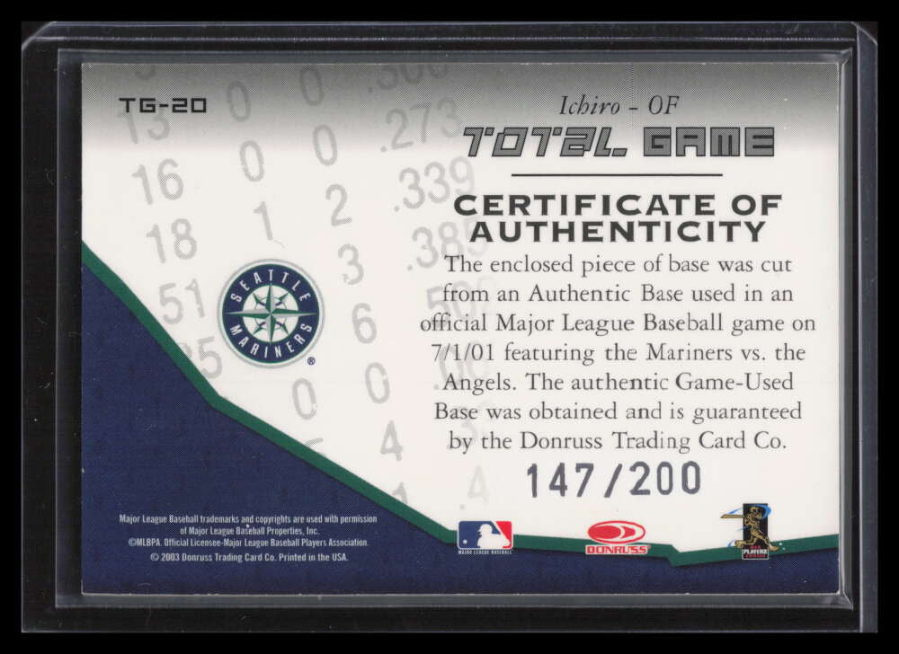 2003 Donruss Champions Total Game Materials 20 Ichiro Suzuki Base 147/200