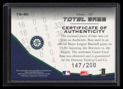 2003 Donruss Champions Total Game Materials 20 Ichiro Suzuki Base 147/200