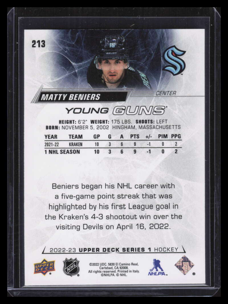 2022-23 Upper Deck 213 Matty Beniers Rookie YG Young Guns