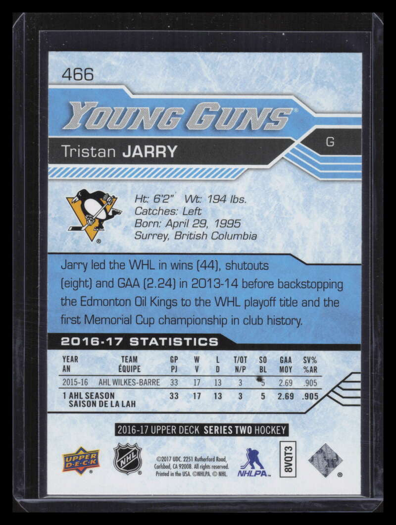 DELETE 140953 2016-17 Upper Deck 466 Tristan Jarry Rookie YG Young Guns