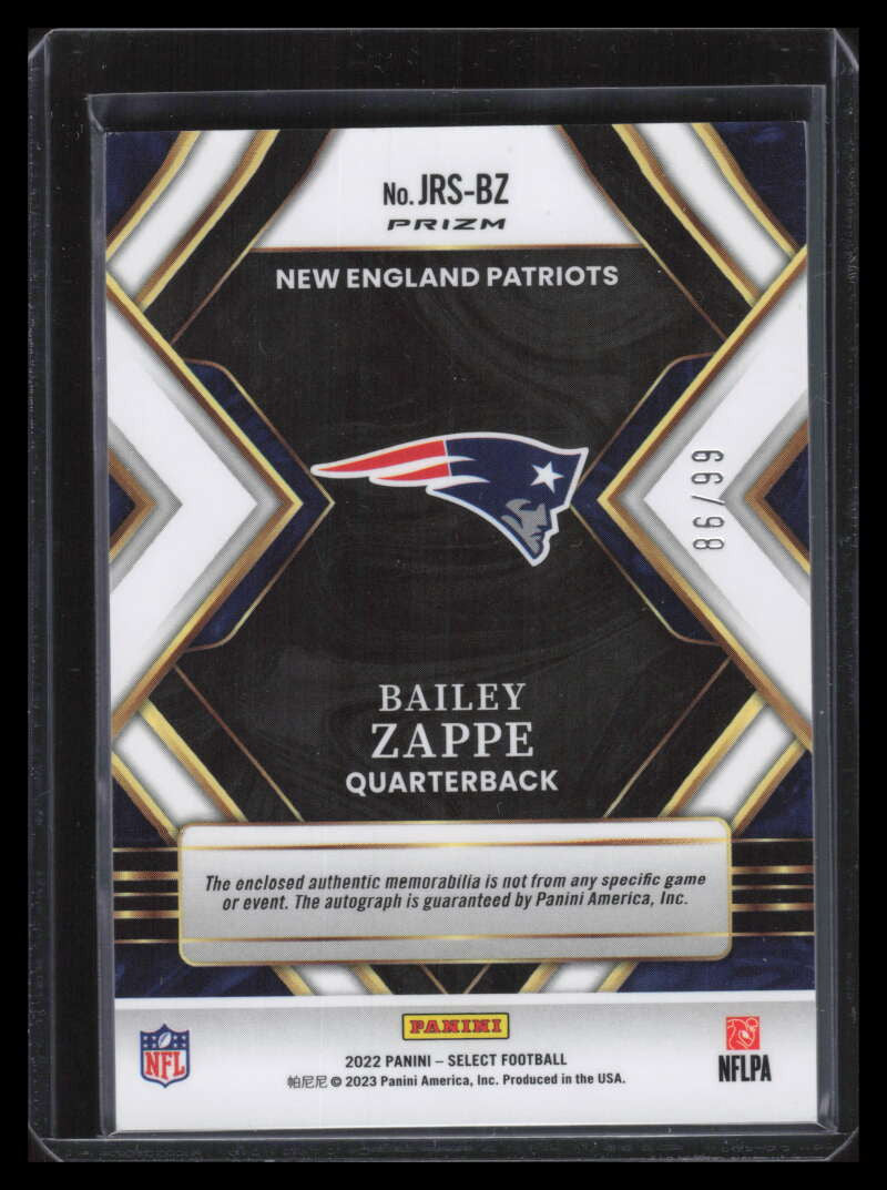 DELETE 141016 2022 Select Jumbo Signature Swatches Prizm Bailey Zappe Rookie Jersey Auto 86/99