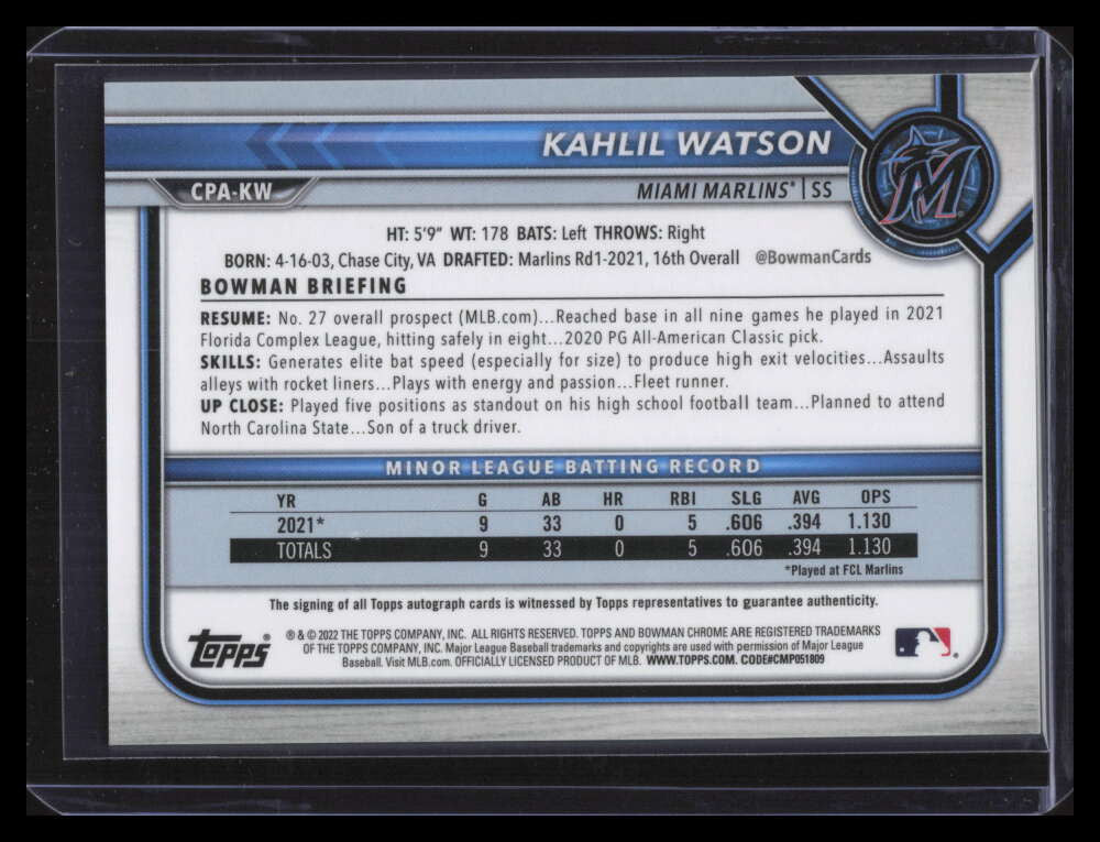 DELETE 141044 2022 Bowman Chrome Prospect Autographs CPAKW Kahlil Watson Rookie Auto 135100
