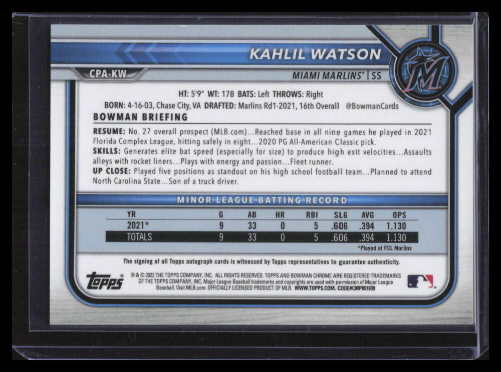 DELETE 141045 2022 Bowman Chrome Prospect Autographs CPAKW Kahlil Watson Rookie Auto 135101
