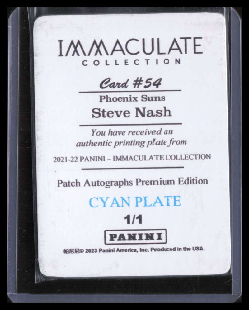SOLD 141094 2021-22 Immaculate Collection Patch Autographs Printing Plate 54 Steve Nash 1/1