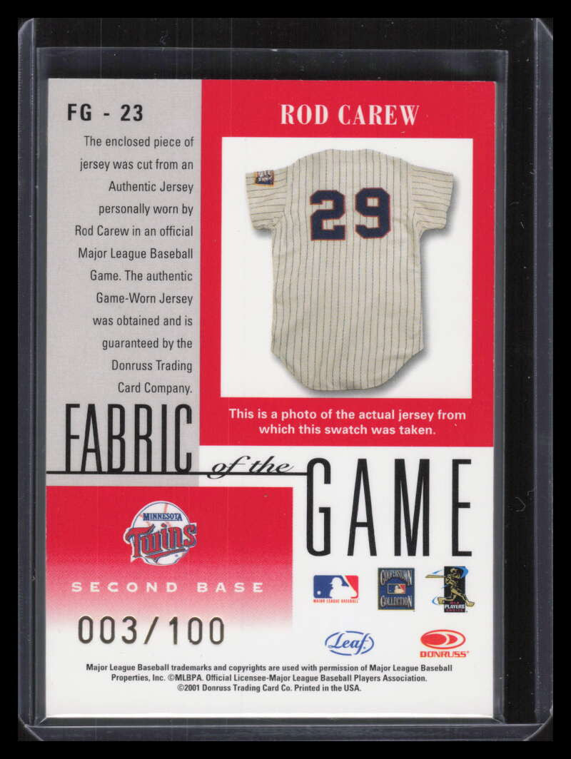 2001 Leaf Certified Fabric of the Season Season 23sn Rod Carew Jersey 3/100