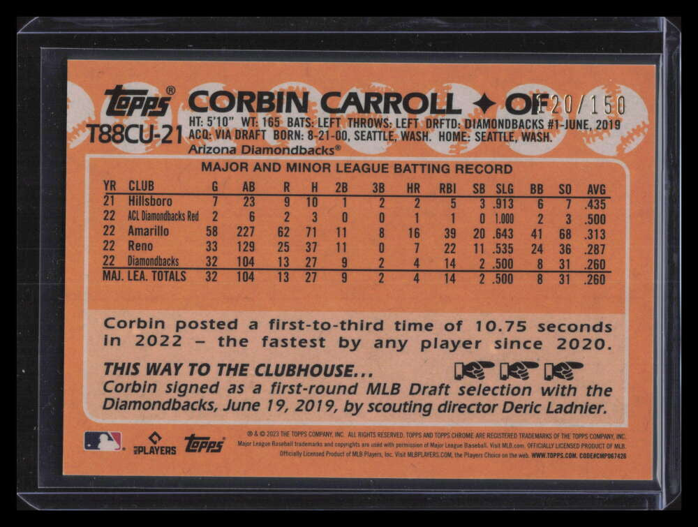 2023 Topps '88 Silver Pack Chrome Blue Refractor Corbin Carroll Rookie 120/150