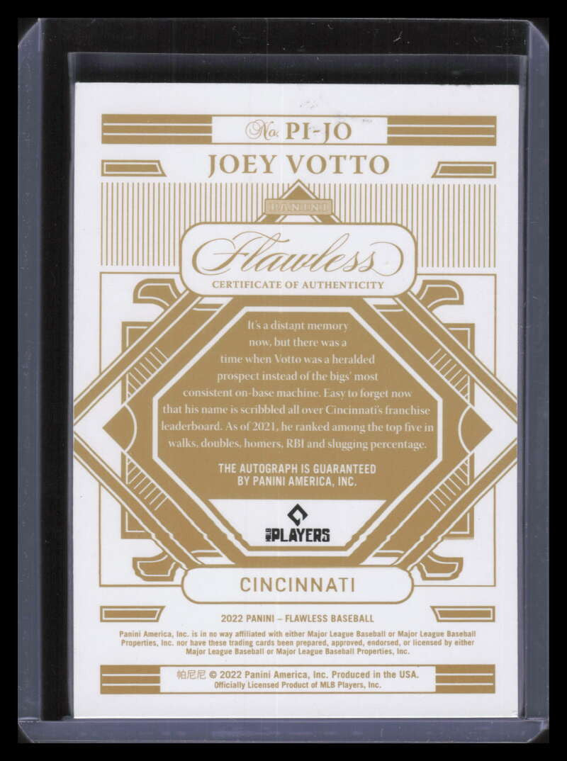 2022 Panini Flawless Premium Ink Sapphire 8 Joey Votto Auto 3/15