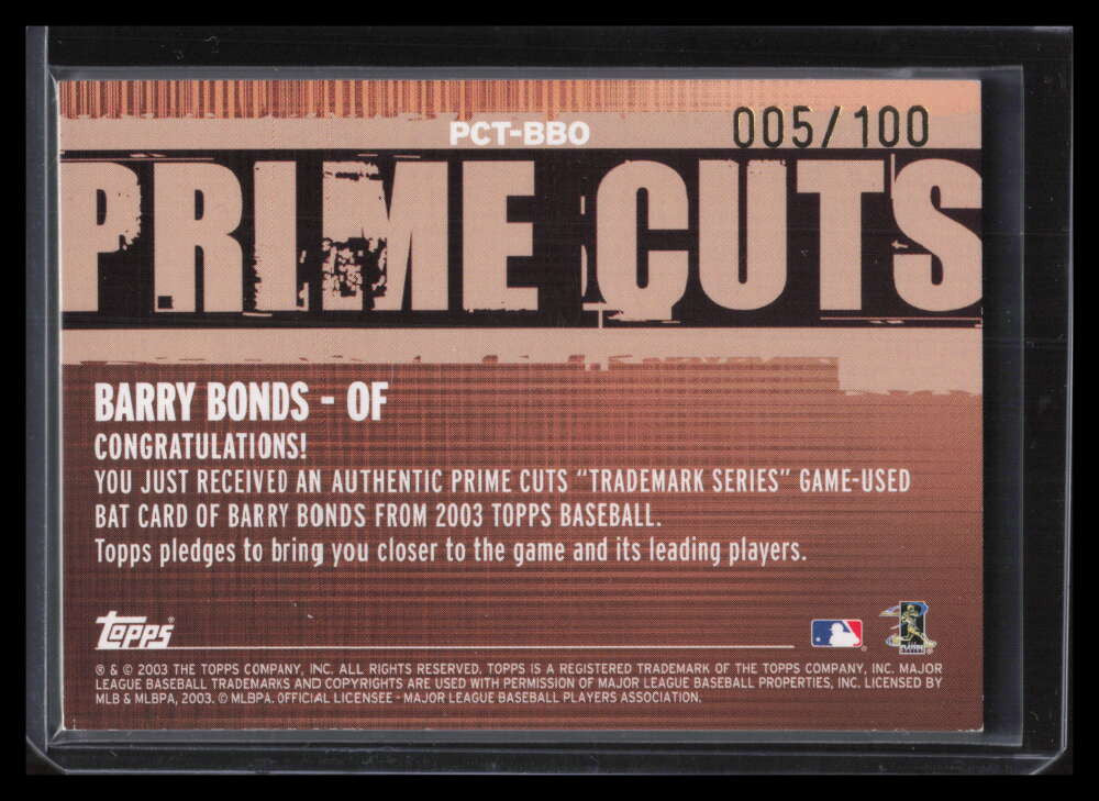 2003 Topps Prime Cuts Trademark Relics BBO Barry Bonds Bat 5/100