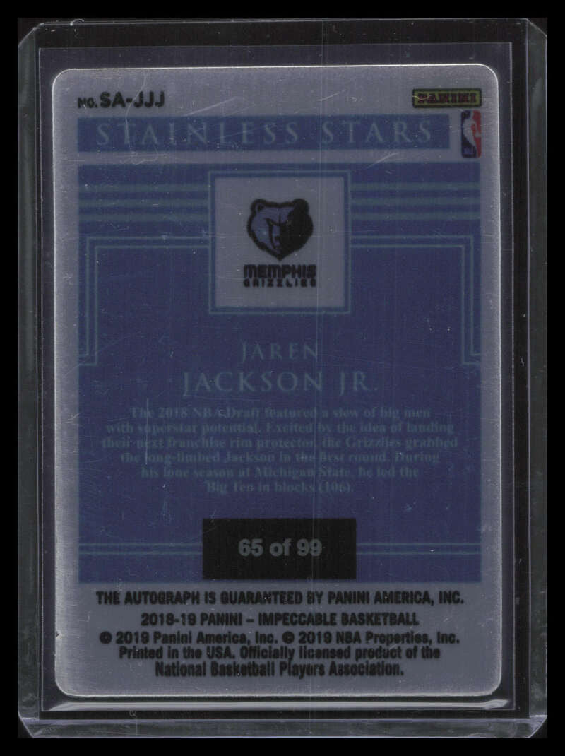 2018-19 Panini Impeccable Stainless Stars Autographs Jaren Jackson RC Auto 65/99